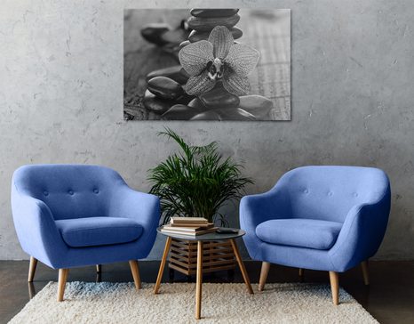 КАРТИНА НА ПЛАТНО – ОРХИДЕЯ И ЗЕН КАМЪНИ В ЧЕРНО-БЯЛО - ЧЕРНО-БЕЛИ КАРТИНИ - КАРТИНИ