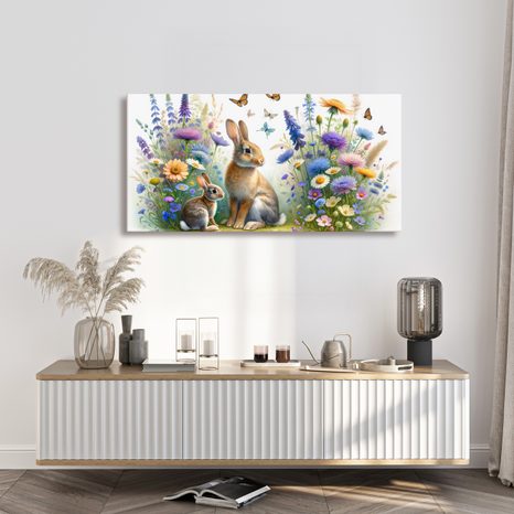 WANDBILD WIESENBLUMEN UND HÄSCHEN ZWISCHEN SCHMETTERLINGEN - KINDERBILDER TIERE - BILDER