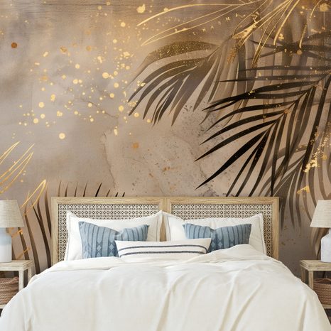 FOTOTAPET FRUNZE DE PALMIER AURII PE GRI - TAPETE FRUNZE - TAPETURI