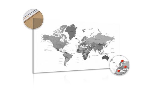 WANDBILD AUF KORK WELTKARTE IN SCHWARZ-WEISS - WANDBILDER AUF KORK - BILDER