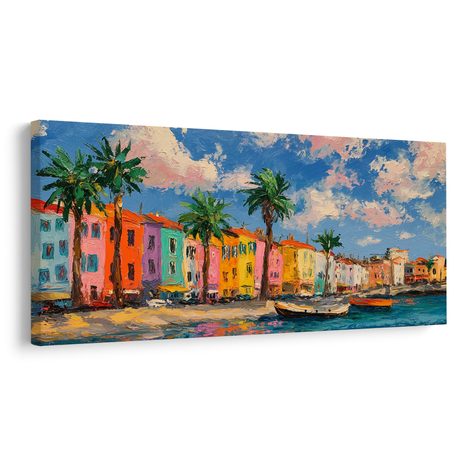 WANDBILD SONNIGE STADT MIT PALMEN - BUNTE HÄUSER - BILDER