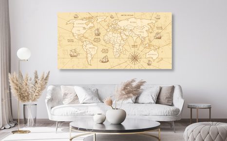 DECORATIVE PINBOARD WORLD MAP WITH BOATS - PICTURES ON CORK - PICTURES