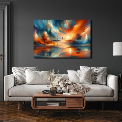 WANDBILD SILHOUETTE AUF BRÜCKE BEI SONNENUNTERGANG - BILDER VON SONNENAUFGANG UND SONNENUNTERGANG - BILDER