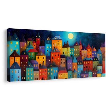 OBRAZ MĚSTO V NOČNÍM SVĚTLE - BAREVNÉ DOMY - OBRAZY