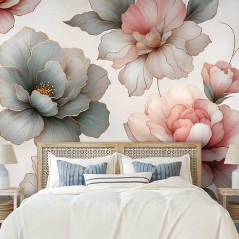 FOTOTAPETE ELEGANTE PASTELLFARBENE BLUMEN MIT BLÄTTERN - TAPETEN MIT BLUMENMOTIVEN - TAPETEN