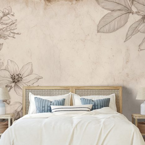 ZELFKLEVEND FOTOBEHANG VINTAGE BLOEMENILLUSTRATIES OP BEIGE ACHTERGROND - FOTOBEHANG BLOEMEN - FOTOBEHANG