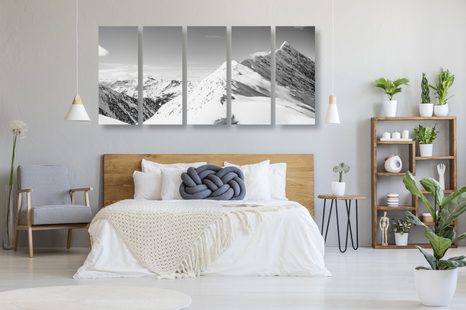 5-TEILIGES WANDBILD SCHNEEBEDECKTE BERGE IN SCHWARZ-WEISS - SCHWARZ-WEISSE BILDER - BILDER