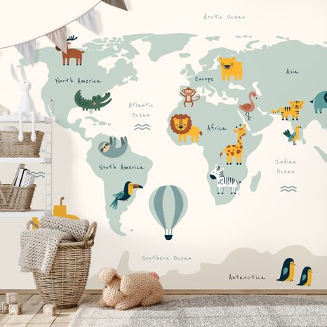 TAPETA VZDĚLÁVACÍ DĚTSKÁ MAPA SVĚTA SE ZVÍŘATY - DĚTSKÉ TAPETY - TAPETY