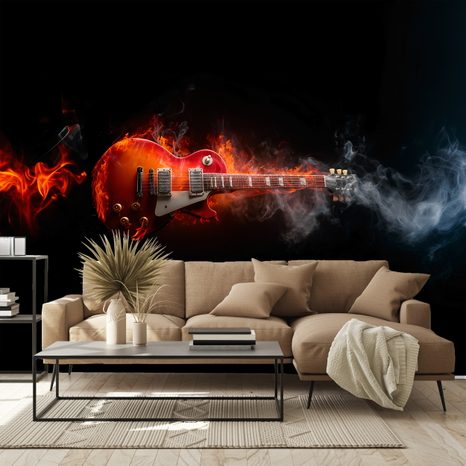 FOTOTAPETE BRENNENDE E-GITARRE IM RAUCH - MUSIK FOTOTAPETEN - TAPETEN