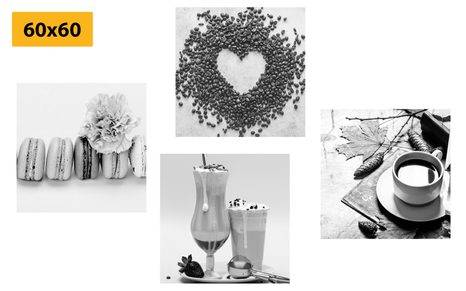 SET OBRAZŮ NÁPOJE SE SLADKÝM POTĚŠENÍM V ČERNOBÍLÉM PROVEDENÍ - SESTAVY OBRAZŮ - OBRAZY