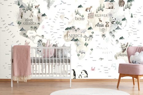 CARTA DA PARATI AUTOADESIVA – MAPPA MINIMALISTA CON ANIMALI - CARTA DA PARATI AUTOADESIVE - CARTA DA PARATI