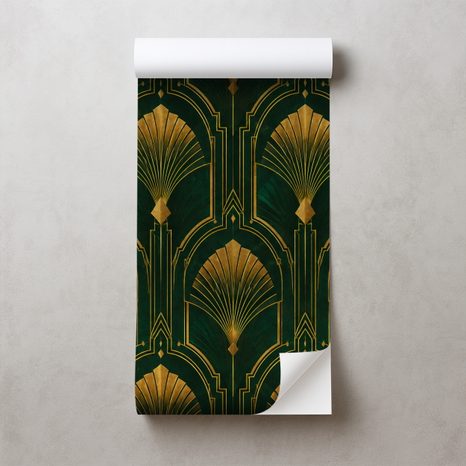ZELFKLEVEND FOTOBEHANG GOUDEN ART-DECO WAAIERS OP GROEN - FOTOBEHANG MET PATRONEN - FOTOBEHANG