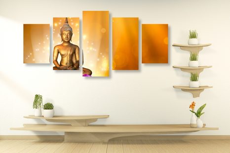 TABLOU 5-PIESE STATUIE BUDDHA PE O FLOARE DE LOTUS - TABLOURI FENG SHUI - TABLOURI