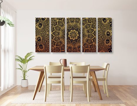 5-DÍLNÝ OBRAZ ZLATÁ ORIENTÁLNÍ MANDALA - OBRAZY FENG SHUI - OBRAZY