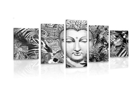 5-TEILIGES WANDBILD BUDDHA AUF EXOTISCHEM HINTERGRUND IN SCHWARZ-WEISS - SCHWARZ-WEISSE BILDER - BILDER