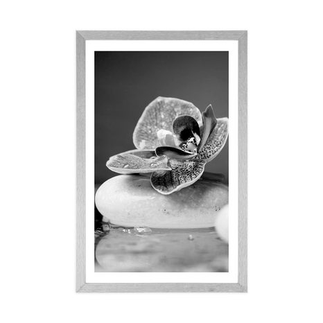 PLAKAT S PASPARTUOM ORHIDEJA I ZEN KAMENJE U CRNO-BIJELOM DIZAJNU - CRNO-BIJELE - PLAKATI