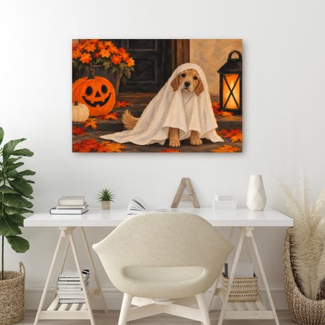 QUADRO SU TELA – CAGNOLINO FANTASMA CON ZUCCA - QUADRI HALLOWEEN E HORROR - STAMPE E QUADRI