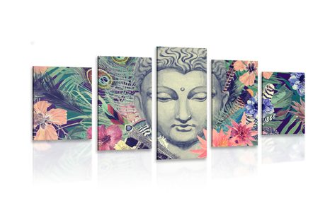 5-TEILIGES WANDBILD BUDDHA AUF EXOTISCHEM HINTERGRUND - BILDER MIT FENG SHUI-MOTIVEN - BILDER