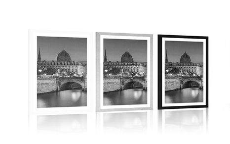 POSTER MIT PASSEPARTOUT ERSTAUNLICHES PANORAMA VON PARIS IN SCHWARZ-WEISS - SCHWARZ-WEISS - POSTER