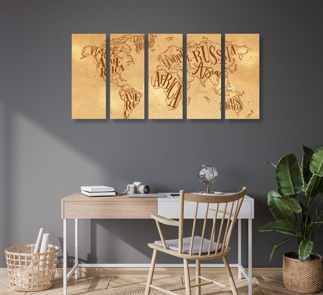 5-DÍLNÝ OBRAZ MODERNÍ MAPA SVĚTA NA VINTAGE PODKLADĚ - OBRAZY MAPY - OBRAZY