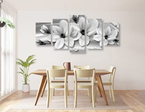 CUADRO DE 5 PIEZAS MAGNOLIAS CON PERLAS EN BLANCO Y NEGRO - CUADROS DE 5 PIEZAS - OUTLET 🔥