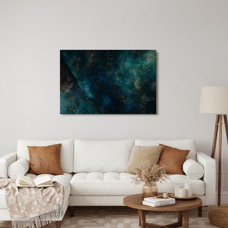 TABLEAU SUR TOILE – GALAXIE TURQUOISE AUX REFLETS DORÉS - IMAGES DE GALAXIE - TABLEAUX