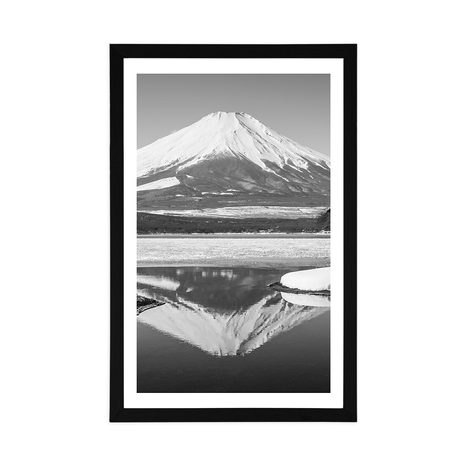 PLAKAT Z PASSE-PARTOUT JAPOŃSKA GÓRA FUJI W CZERNI I BIELI - PRZYRODA - PLAKATY