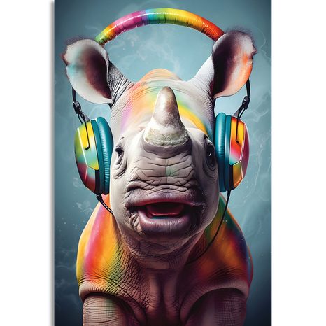 STAMPA SU TELA – RINOCERONTE CON CUFFIE - QUADRI DI ANIMALI DA FESTA CON LE CUFFIE - STAMPE E QUADRI