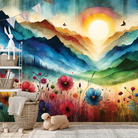 TAPETA BAREVNÁ HORSKÁ KRAJINA S KVĚTINAMI - TAPETY HORY - TAPETY