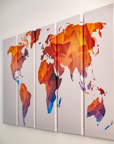 5-DÍLNÝ OBRAZ POLYGONÁLNÍ MAPA SVĚTA V ODSTÍNECH ORANŽOVÉ - OBRAZY MAPY - OBRAZY