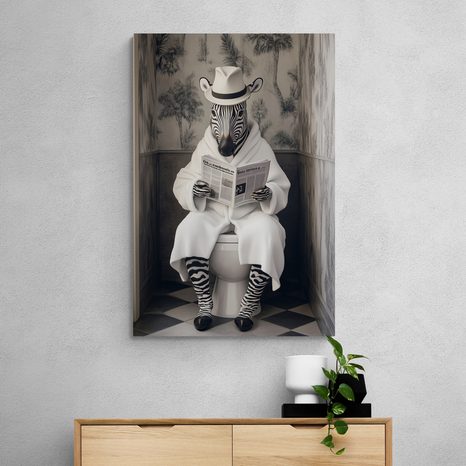 STAMPA SU TELA – ZEBRA CON GIORNALE IN BAGNO - QUADRI DI ZEBRE E GIRAFFE - STAMPE E QUADRI