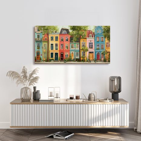 OBRAZ MĚSTSKÁ ULICE S DOMY - BAREVNÉ DOMY - OBRAZY