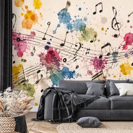 SELBSTKLEBENDE TAPETE BUNTE MUSIKNOTEN UND FLECKEN - MUSIK FOTOTAPETEN - TAPETEN