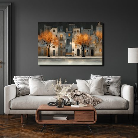 WANDBILD HERBSTABEND IN DER STADT - BUNTE HÄUSER - BILDER