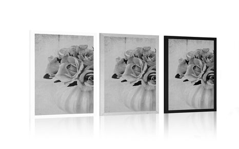 PLAKÁT RŮŽE VE VÁZE V ČERNOBÍLÉM PROVEDENÍ - ČERNOBÍLÉ - PLAKÁTY