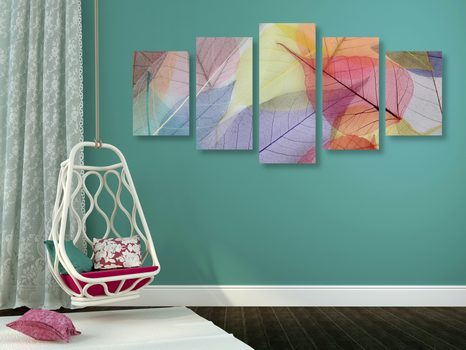 5-CZĘŚCIOWY OBRAZ ŻYŁKI NA KOLOROWYCH LIŚCIACH - OBRAZY MARTWA NATURA - OBRAZY