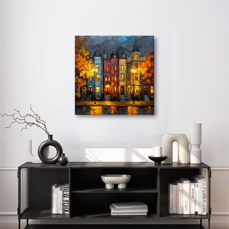 WANDBILD HERBSTLICH BELEUCHTETE STADT - BUNTE HÄUSER - BILDER