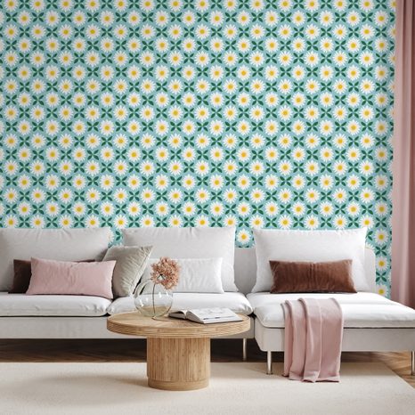 TAPETE BUNTE BLÜTEN AUF TÜRKISFARBENEM HINTERGRUND - GEMUSTERTE TAPETEN - TAPETEN