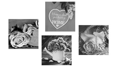 SET DI QUADRI – FIORI IN BIANCO E NERO CON SCRITTA HOME - COLLEZIONI DI QUADRI - STAMPE E QUADRI