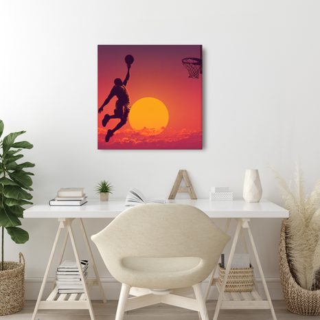 WANDBILD SLAM DUNK BEI SONNENUNTERGANG - BILDER VON MENSCHEN - BILDER