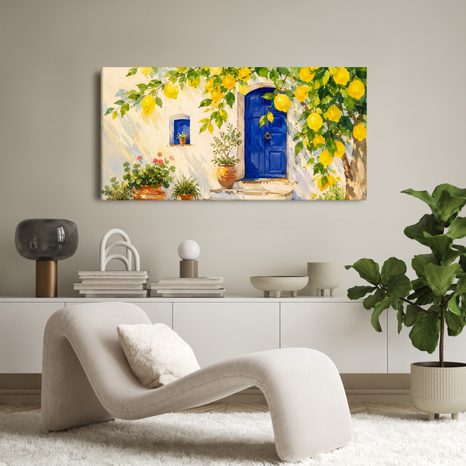 TABLEAU SUR TOILE – PORTE BLEUE SOUS LES CITRONS - TABLEAUX DE LA VILLE - TABLEAUX