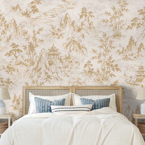 TAPETA BÉŽOVO ZLATÁ ORIENTÁLNÍ KRAJINA S PAGODAMI - TAPETY FENG SHUI - TAPETY