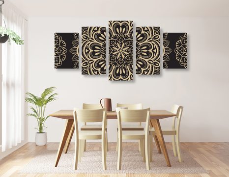 TABLOU 5-PIESE MANDALA PE UN FUNDAL NEGRU - TABLOURI FENG SHUI - TABLOURI