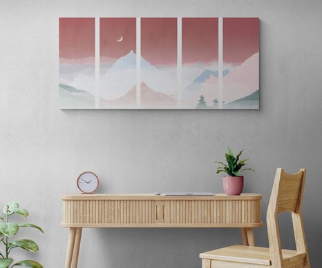 5-DÍLNÝ OBRAZ MĚSÍC NAD PASTELOVÝMI HORAMI - OBRAZY PŘÍRODY A KRAJINY - OBRAZY