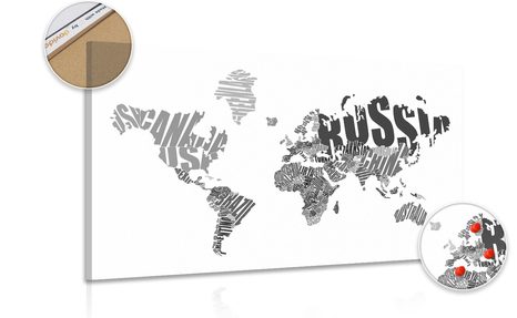 PICTURE ON CORK WORLD MAP MADE OF INSCRIPTIONS IN BLACK & WHITE