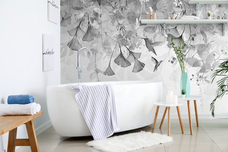 CARTA DA PARATI – FOGLIE CON COLIBRÌ IN BIANCO E NERO - CARTA DA PARATI BIANCO E NERO - CARTA DA PARATI