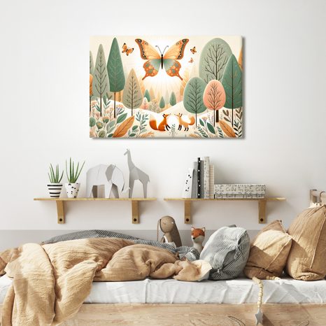 WANDBILD FÜCHSE UNTER FLIEGENDEM SCHMETTERLING - KINDERBILDER TIERE - BILDER