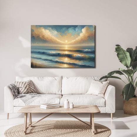 WANDBILD GOLDENER SONNENAUFGANG ÜBER DEM MEER - BILDER VON SONNENAUFGANG UND SONNENUNTERGANG - BILDER