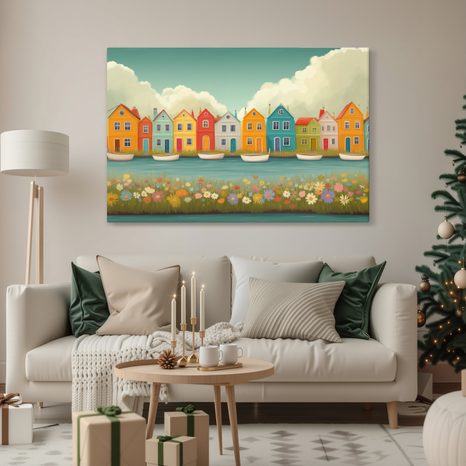 WANDBILD BUNTE HÄUSERREIHE AM FLUSS - BUNTE HÄUSER - BILDER