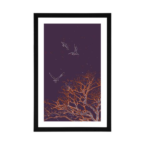 POSTER MIT PASSEPARTOUT FLIEGENDE VÖGEL ÜBER EINEM BAUM - MOTIVE AUS UNSERER WERKSTATT - POSTER